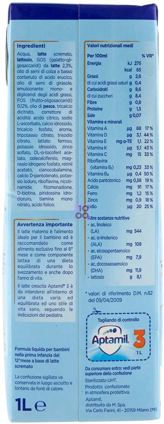 APTAMIL 3 - Latte di Crescita Liquido per Bambini dai 12 mesi, Pronto  all'uso - Formato Convenienza da 6 litri (6 x 1l) : : Alimentari e  cura della casa