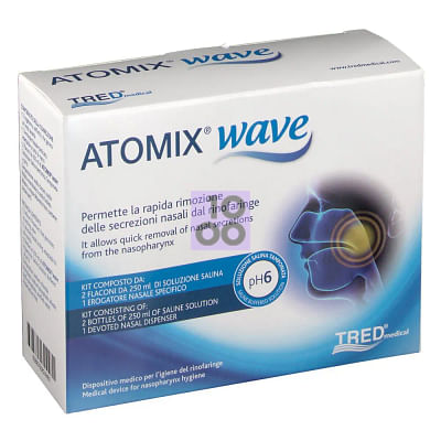 Atomix Wave Dispositivo Per Igiene Rinofaringea Atomix Soluzione Salina 250 Ml 2 Pezzi + Terminale Nasale + Erogatore Asoffietto
